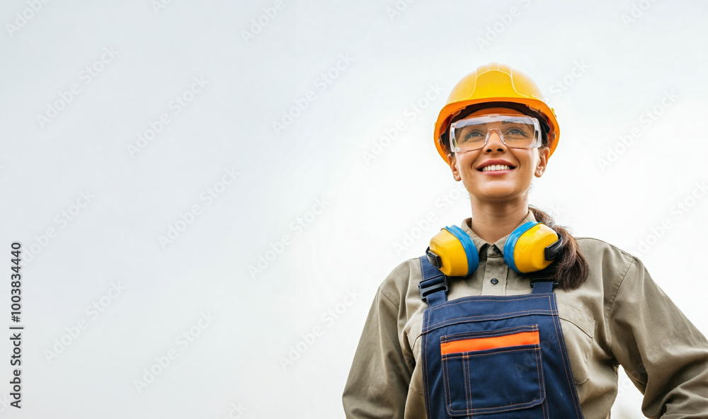 Construction worker, wearing yellow hardhat, isolated Construction worker, wearing yellow hardhat, isolated