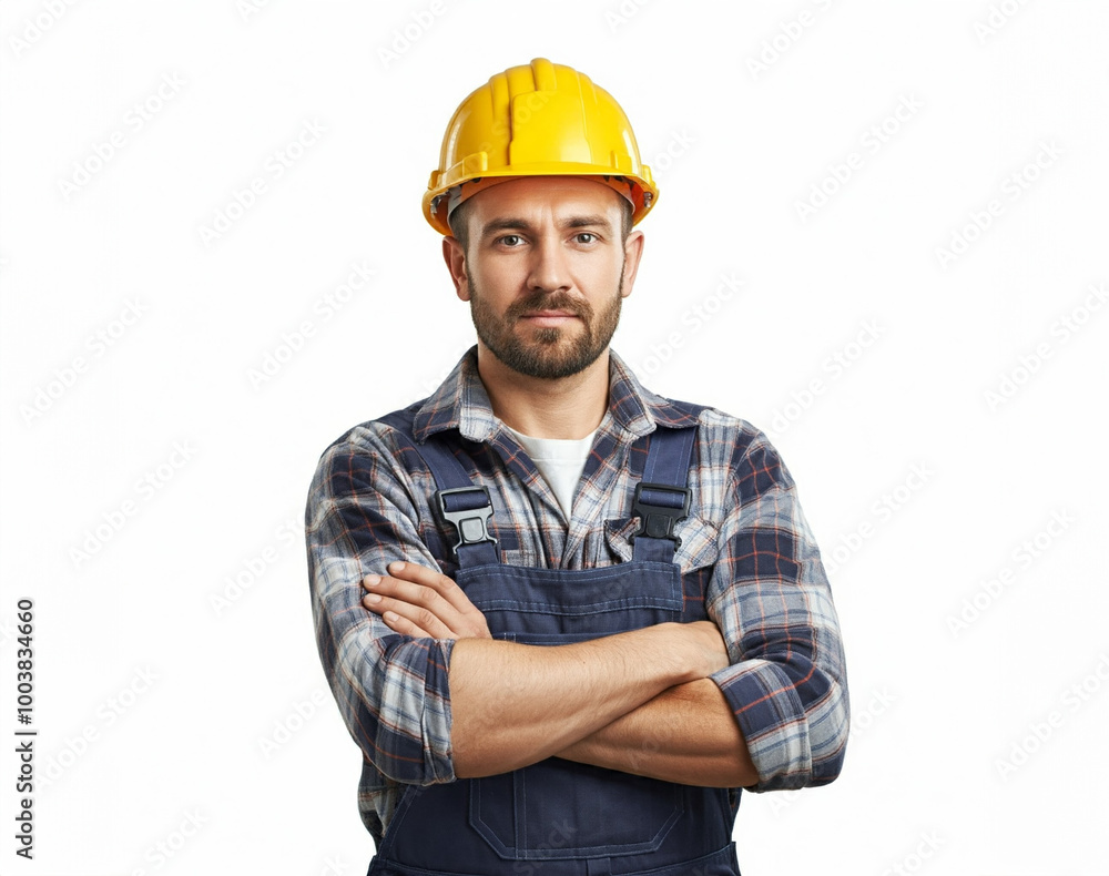 Construction worker, wearing yellow hardhat, isolated Construction worker, wearing yellow hardhat, isolated