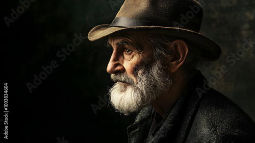 Old man in dim lighting with thoughtful expression and hat