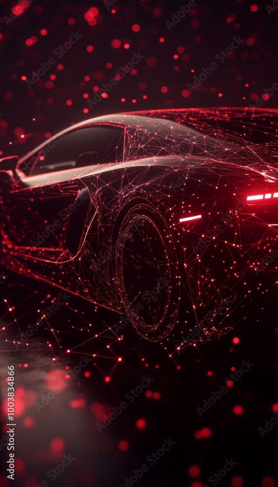 Red Sports Car Speeding Through a Futuristic City with Falling Particles, Night Drive. Red Sports Car Speeding Through a Futuristic City with Falling Particles, Night Drive.
