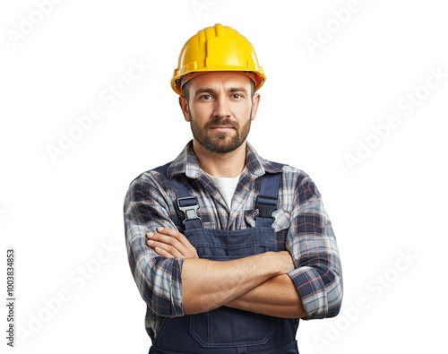 Construction worker, wearing yellow hardhat, isolated