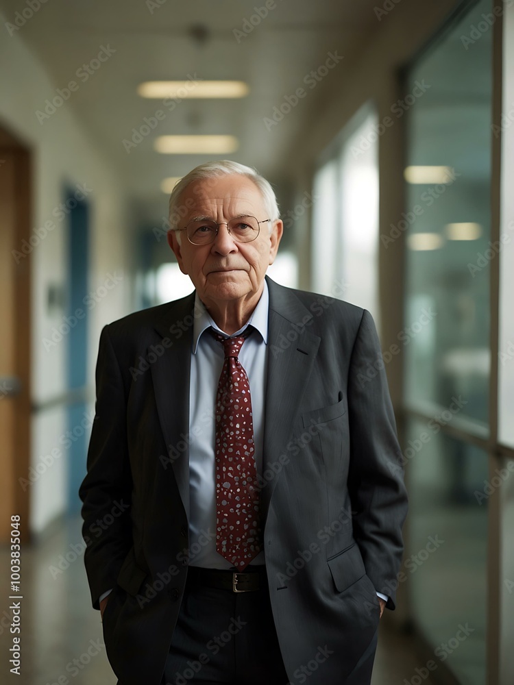 Elderly businessman walking through a hallway, looking at the camera. Elderly businessman walking through a hallway, looking at the camera.
