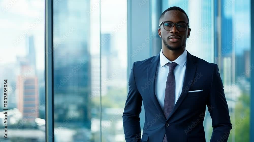 Business professional in a suit with glasses stands confidently in a modern office with city view during the day Business professional in a suit with glasses stands confidently in a modern office with city view during the day