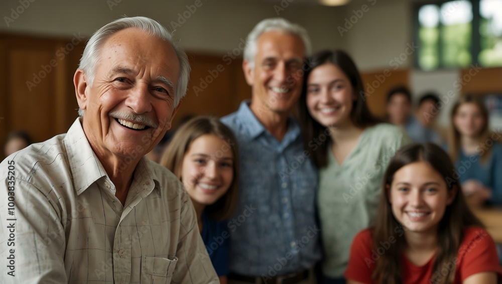 Elderly man with students smiling in the background. Elderly man with students smiling in the background.