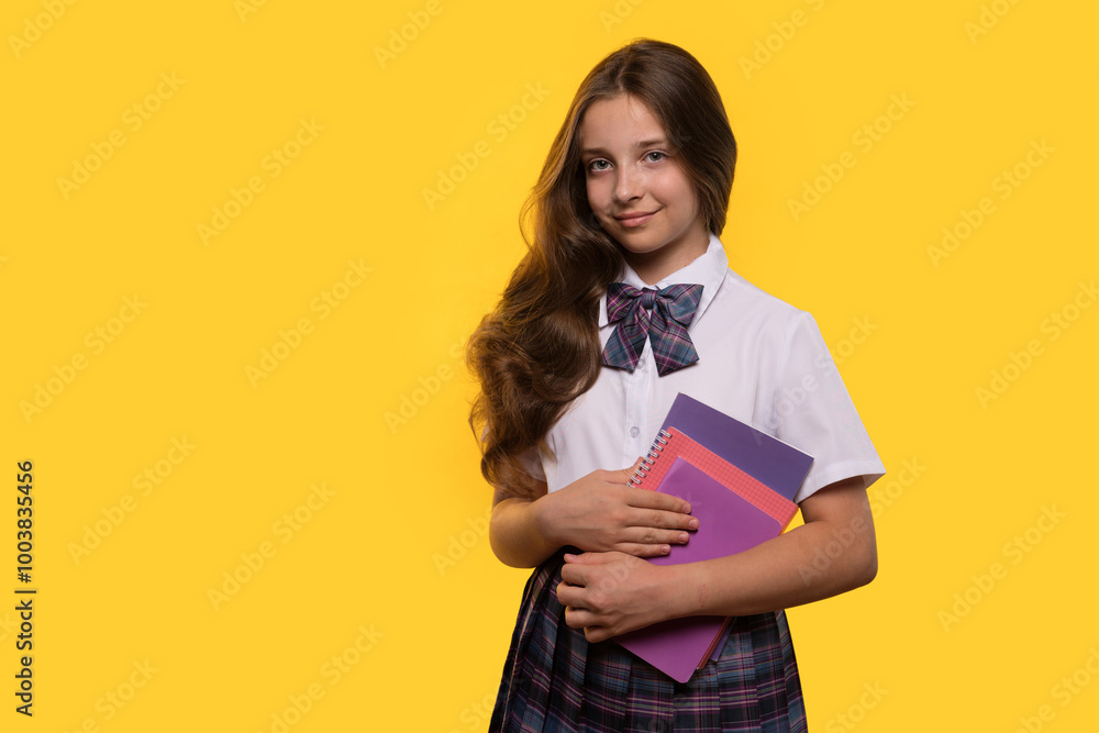 A smiling schoolgirl holds colorful notebooks while posing confidently. A smiling schoolgirl holds colorful notebooks while posing confidently.