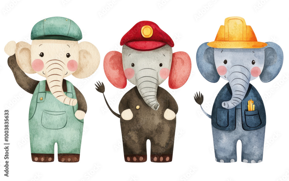 Three adorable cartoon elephants in worker uniforms, white isolate background. Three adorable cartoon elephants in worker uniforms, white isolate background.
