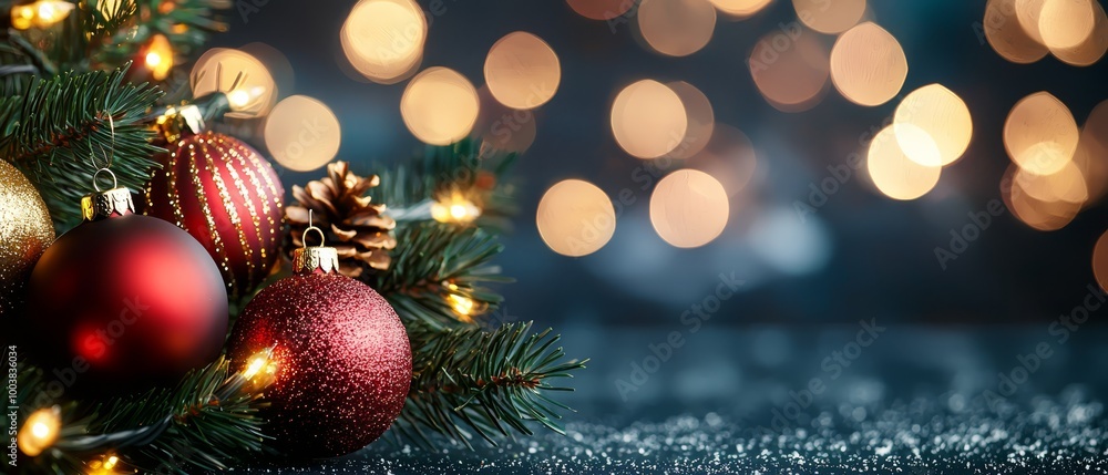 A collection of Christmas ornaments atop a table, near a tree adorned with twinkling lights A collection of Christmas ornaments atop a table, near a tree adorned with twinkling lights