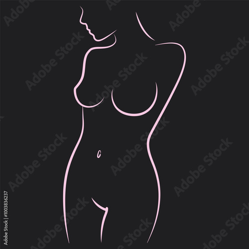Woman Silhouette. Beautiful fitness figure. Beauty logo. Black background. Erotic lady poses drawn lines. Vector illustration