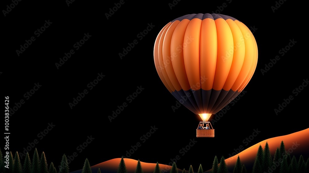 Obraz premium Night Flight: Orange Hot Air Balloon Ascending over Silhouetted Landscape 
