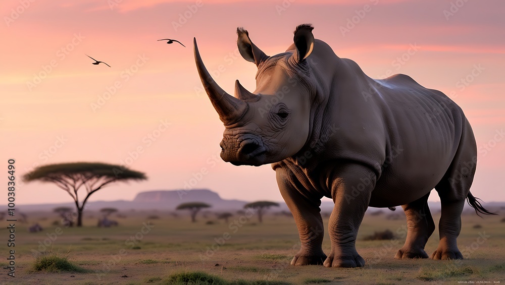 Fototapeta premium Rhino Standing Majestically at Dawn captures the grandeur and strength of a rhino standing proudly against the backdrop of a glowing savanna at sunrise.