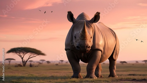 Rhino Standing Majestically at Dawn captures the grandeur and strength of a rhino standing proudly against the backdrop of a glowing savanna at sunrise.