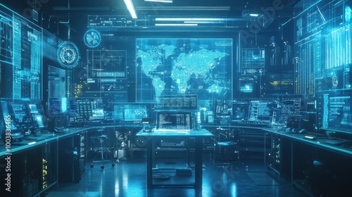 Futuristic Control Room with Holographic World Map Display