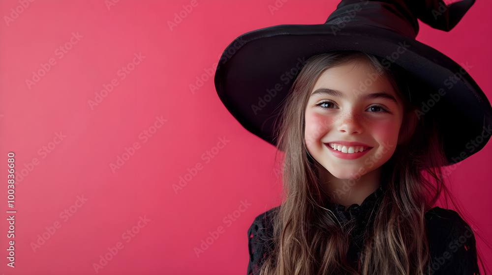 Smiling girl in witch costume with Halloween decorations, joyful and festive Smiling girl in witch costume with Halloween decorations, joyful and festive