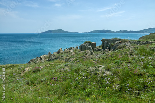 Mudslide of clay soil on the sea slope (steep bank), earth faults photo