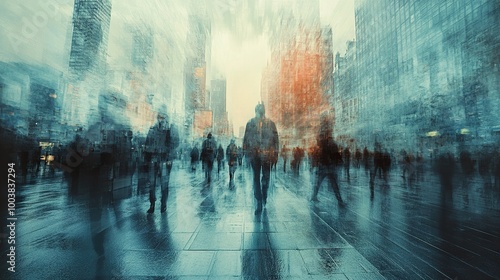 Abstract Cityscape: Blurry Crowd Walking on Wet Pavement