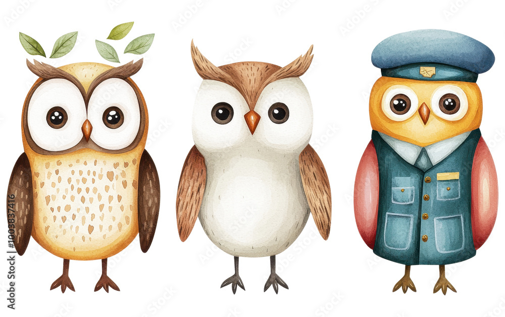 Three cute owls with unique outfits and expressions on a white isolated background Three cute owls with unique outfits and expressions on a white isolated background