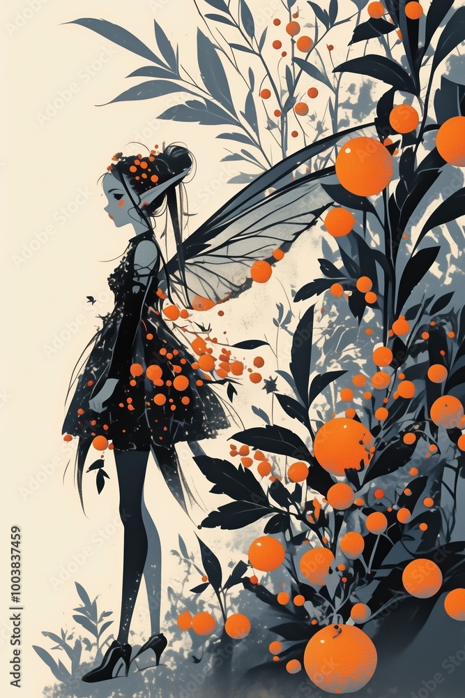 Fototapeta premium Little long brunette hairs halloween fairy dressed in black dress on vertical background with autumn orange fruits and plants wallpaper.