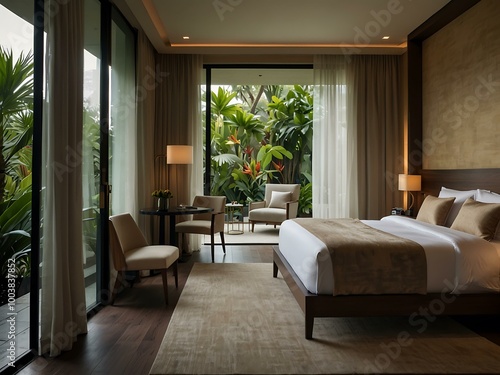 Entering a luxurious hotel suite with a modern minimalist bedroom design and tropical garden views.