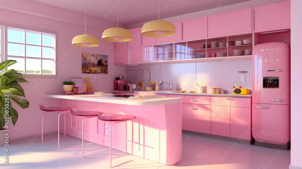 Fototapeta premium Backdrop for pink kitchen room with counter bar. 3d rendering. 
