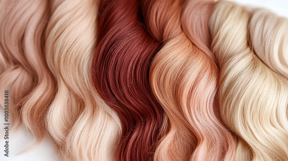 Various flowing hair strands in soft waves showcasing different shades and colors arranged neatly on a light background Various flowing hair strands in soft waves showcasing different shades and colors arranged neatly on a light background
