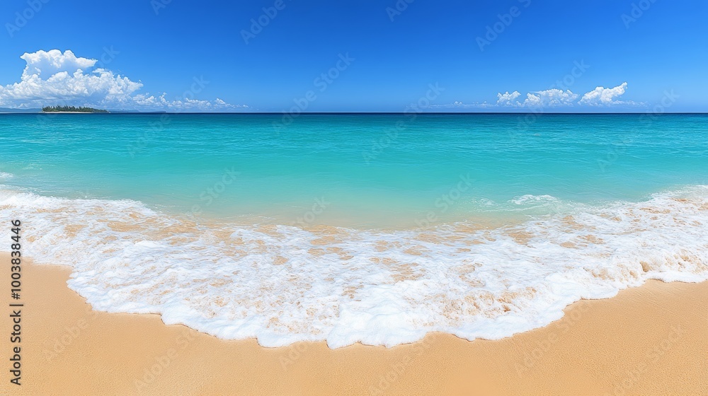 Tropical Paradise Tranquil Turquoise Ocean Waves Crashing on Golden Sandy Beach Under Blue Sky Tropical Paradise Tranquil Turquoise Ocean Waves Crashing on Golden Sandy Beach Under Blue Sky