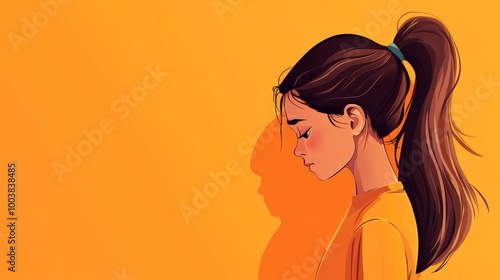 Sad girl bowing her head on orange background cartoon illustration. International Day for the Elimination of Violence against Women.