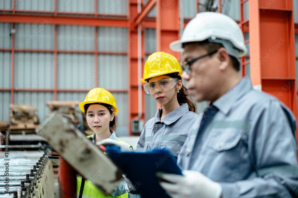 factory workers in uniform together work inspecting operation manufacturing Metal Roofing Sheet Machine in the factory metal sheet, Metalwork roof manufacturing and quality control process. factory workers in uniform together work inspecting operation manufacturing Metal Roofing Sheet Machine in the factory metal sheet, Metalwork roof manufacturing and quality control process.