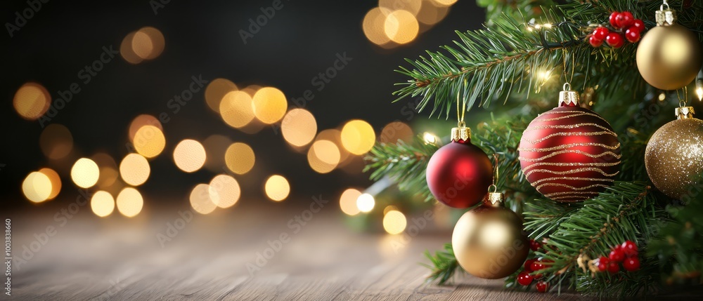 A Christmas tree adorned with red and gold baubles dangles from its branches, while a book of lights illuminates the background A Christmas tree adorned with red and gold baubles dangles from its branches, while a book of lights illuminates the background