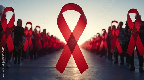 Outdoor World AIDS Day event with people holding large red ribbons and banners promoting HIV awareness Large space for text in center Stock Photo with copy space
