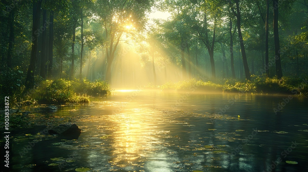 Golden Sunlight Bathes a Tranquil Forest River Golden Sunlight Bathes a Tranquil Forest River