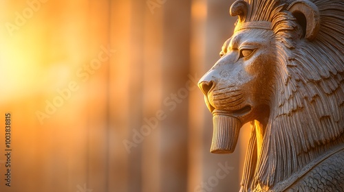 Close-up of a winged lion statue, intricate feathers and muscular build, rich in Babylonian symbolism, set against a weathered stone temple photo