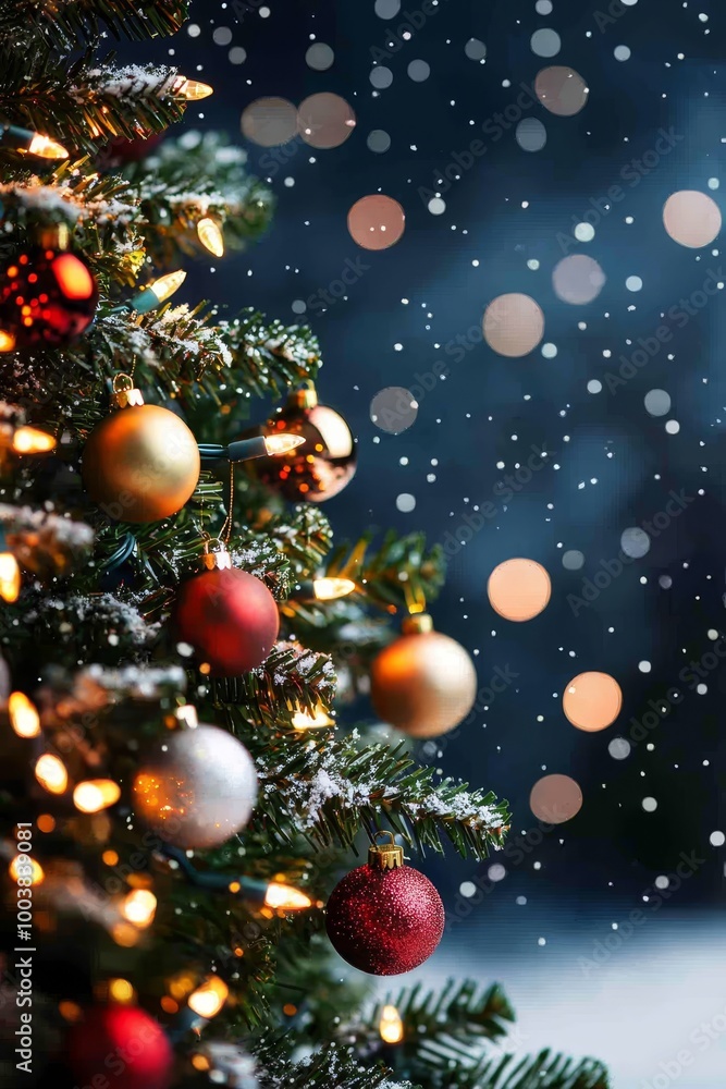 A tight shot of a Christmas tree adorned with numerous lights, as snow gently descends A tight shot of a Christmas tree adorned with numerous lights, as snow gently descends