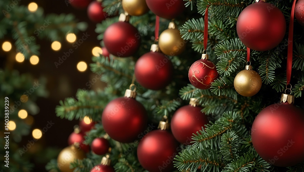 Festive Christmas tree with red and gold ornaments Festive Christmas tree with red and gold ornaments