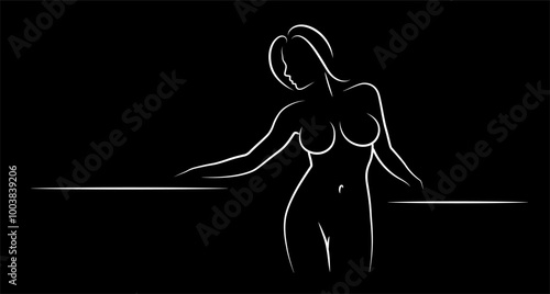 Beautiful Woman Silhouette. Black background. Beauty logo. Sexy fitness figure. Lady poses drawn in vector lines. Vector illustration