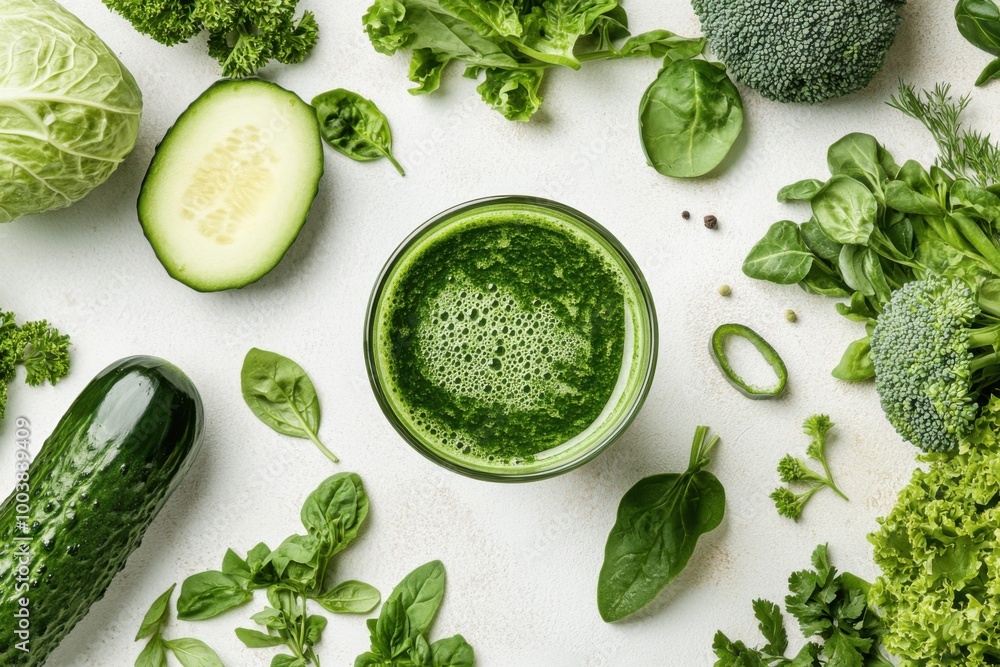 Top view of a freshly made green smoothie surrounded by assorted leafy vegetables and fruits Top view of a freshly made green smoothie surrounded by assorted leafy vegetables and fruits
