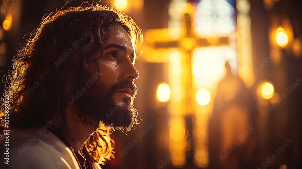 Close-up of Jesus looking at a cross with deep devotion, warm glowing light surrounding, peaceful expression, spiritual atmosphere Close-up of Jesus looking at a cross with deep devotion, warm glowing light surrounding, peaceful expression, spiritual atmosphere