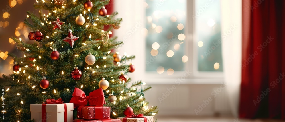 A Christmas tree with presents under it is in front of a window Another Christmas tree is visible outside through the window, while a third one stands behind the first tree A Christmas tree with presents under it is in front of a window Another Christmas tree is visible outside through the window, while a third one stands behind the first tree
