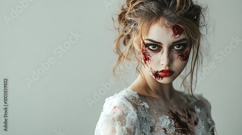 woman in zombie bride costume with messy hair and dramatic makeup