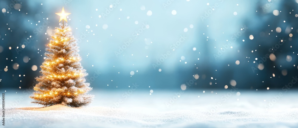 A small Christmas tree sits atop a snow-covered field Its star-crowned peak gleams brightly A small Christmas tree sits atop a snow-covered field Its star-crowned peak gleams brightly