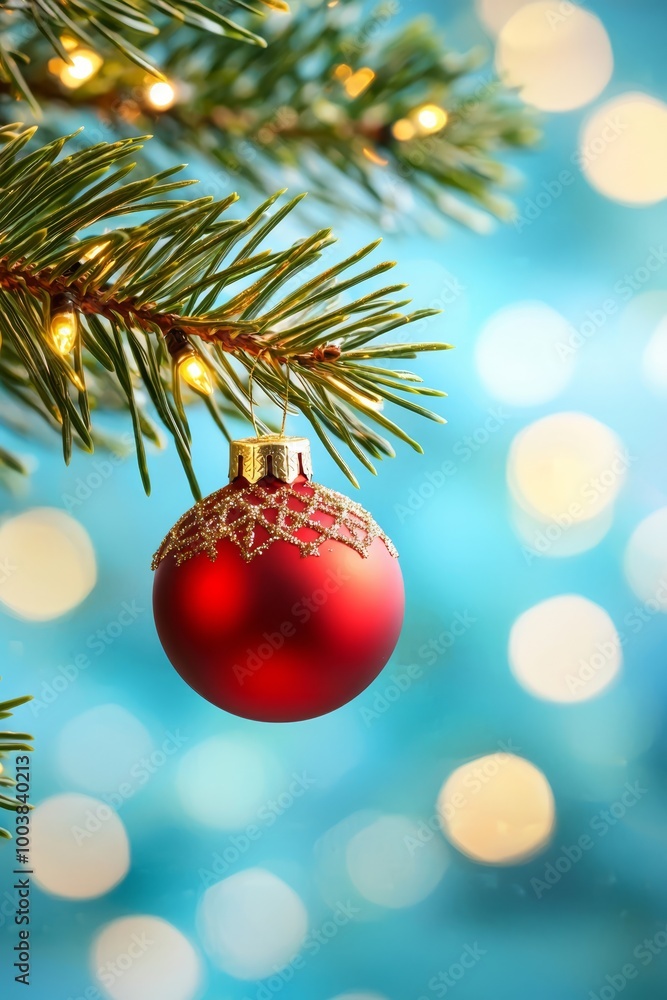 A red ornament dangles from a pine tree against a backdrop of softly blurred holiday lights A red ornament dangles from a pine tree against a backdrop of softly blurred holiday lights