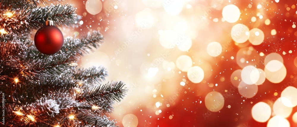 A red ornament hangs from the center of a Christmas tree in this close-up, surrounded by anbackground of twinkling holiday lights A red ornament hangs from the center of a Christmas tree in this close-up, surrounded by anbackground of twinkling holiday lights