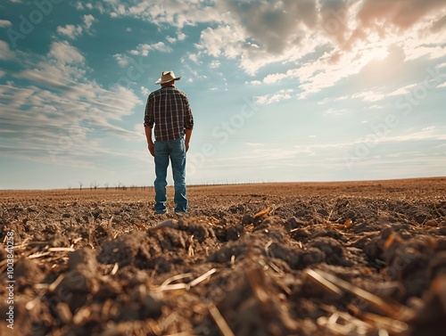 Disheartened Farmer Stands in Drought Stricken Field with Withered Crops and Cracked Soil