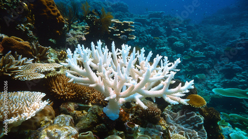 A Pacific coral has bleached due to higher than normal sea surface temperatures bleaching is the loss od symbiotic zooxanthellae from the coral s tissue with copy space image