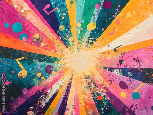 Vibrant Joy: A Colorful Musical Explosion - Perfect as a Poster for Sports Decor, Featuring Dynamic Rays of Light and Playful Musical Notes in Bright Contrasting Colors!