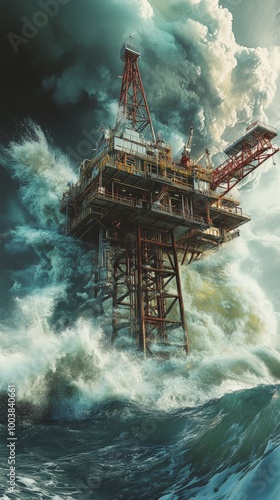 Image of a large tsunami hitting an oil rig. World Tsunami Awareness Day. photo