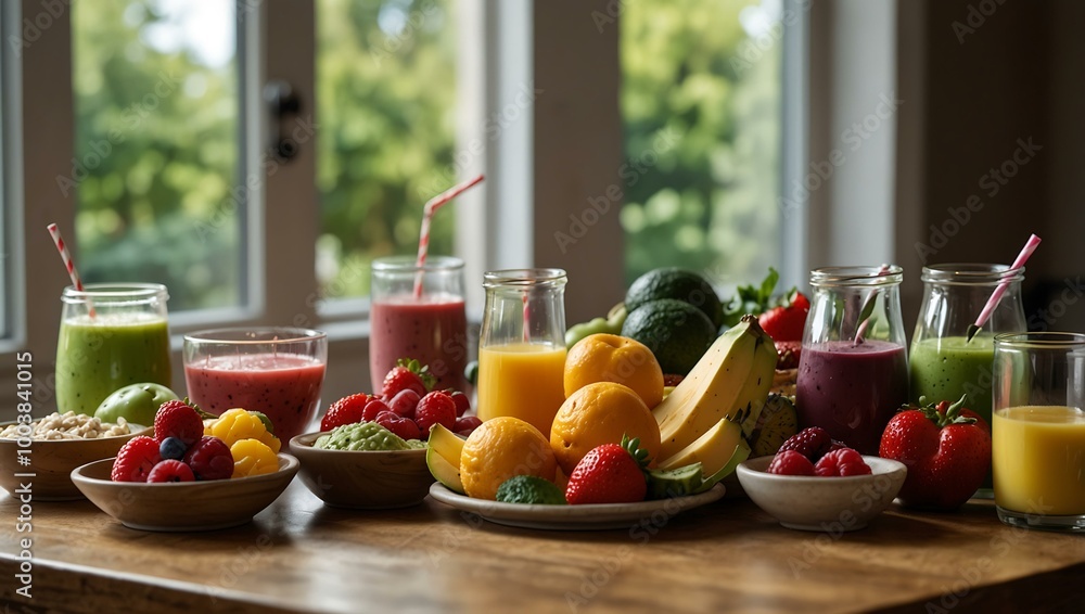 Fresh and vibrant food spread featuring fruits, vegetables, and smoothies, with natural light. Fresh and vibrant food spread featuring fruits, vegetables, and smoothies, with natural light.