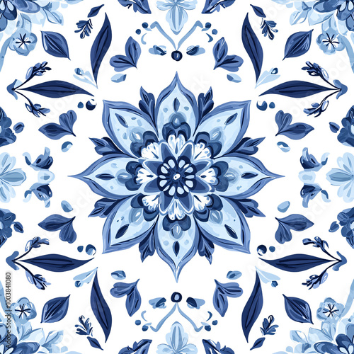 Blue Floral Mandala Pattern Tileable Watercolor Seamless Textile Background Design (Transparent Background)