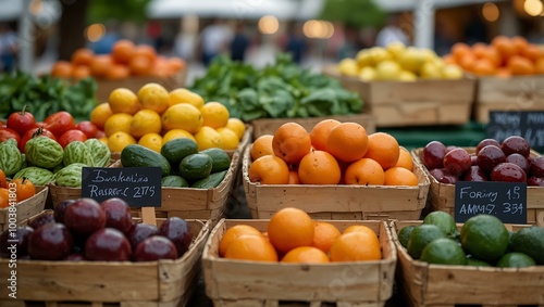 Fresh produce at a farmers market with blurred background