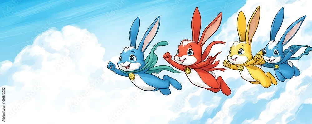 Fototapeta premium Bunny superhero team flying through the sky, saving the day, bold outlines, comic book cover design, vibrant colors