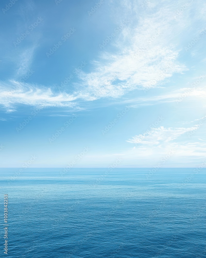 A calm blue seascape with a clear sky and soft clouds A calm blue seascape with a clear sky and soft clouds